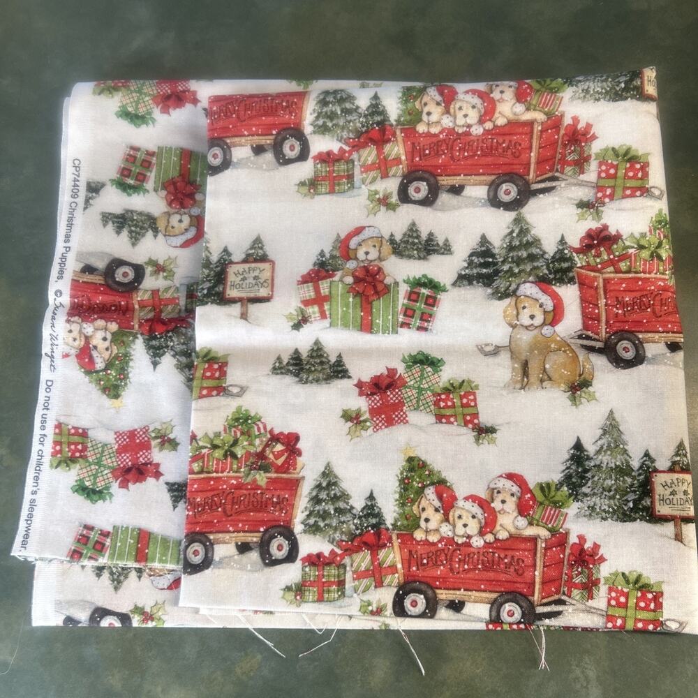 Susan Winget Christmas Puppies Fabric Cotton Holiday Wagon Dogs 44x44” Presents